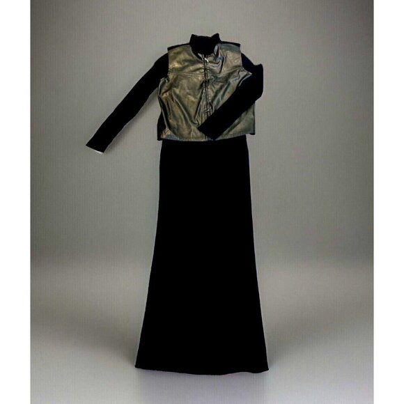VTG Jillian Jones Maxi Sweater Dress Faux Leather Vest Small Black Witchy Goth - Picture 1 of 14